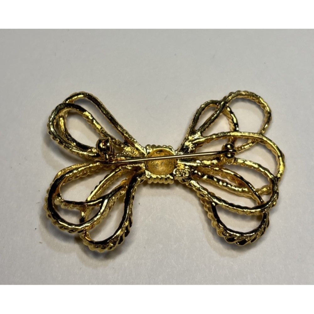 Gold Tone Rope Bow Brooch Textured Openwork Ribbon Statement Pin 2" - Picture 3 of 3